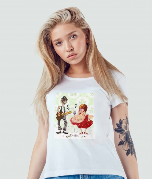 Дамска тениска с щампа Tosha Art Васко Жабата и Цеца Мецата
